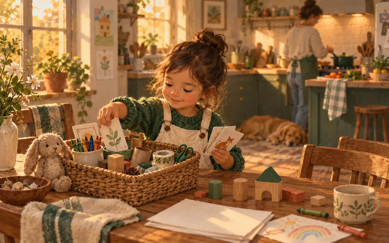 A child choosing simple screen-free activities from a basket while a parent cooks nearby