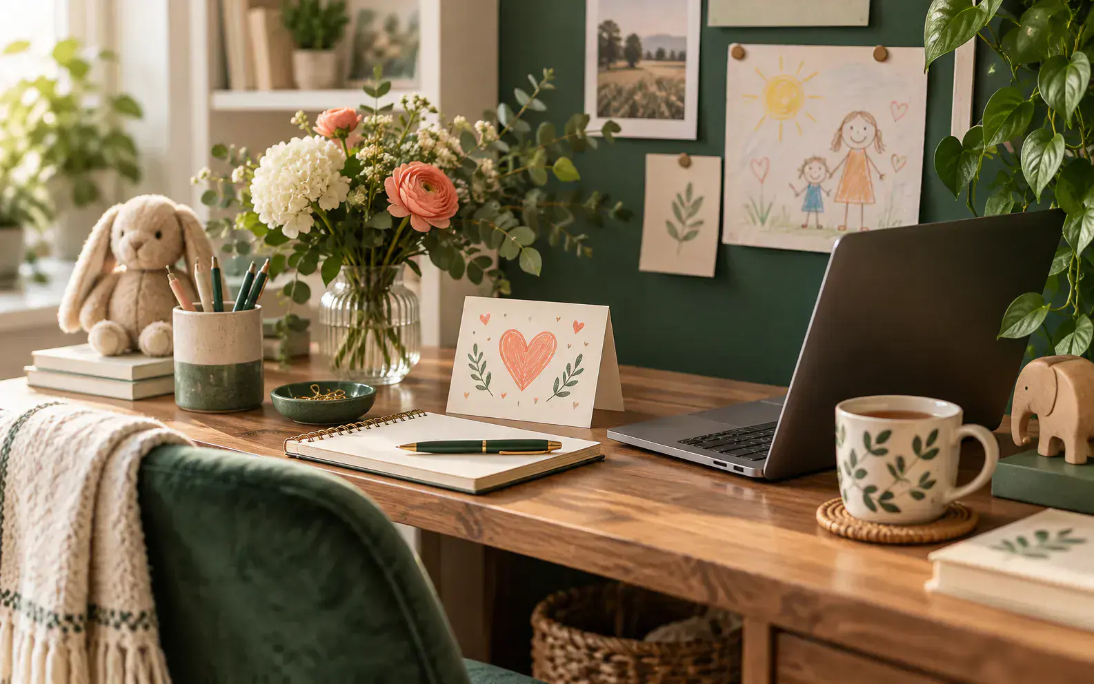 A welcoming Twinkens support desk with a notebook, laptop and child's drawing