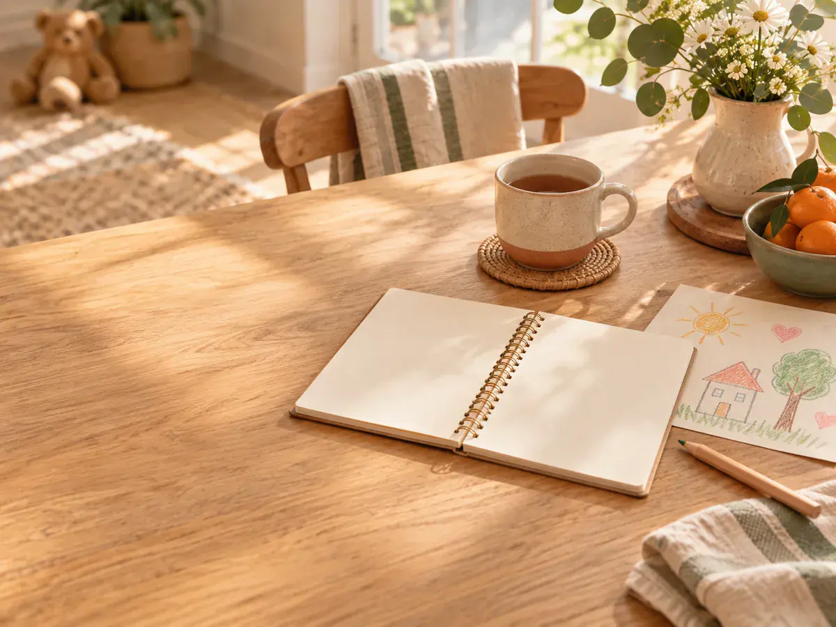 Notebook, tea and a child's drawing on a sunlit table