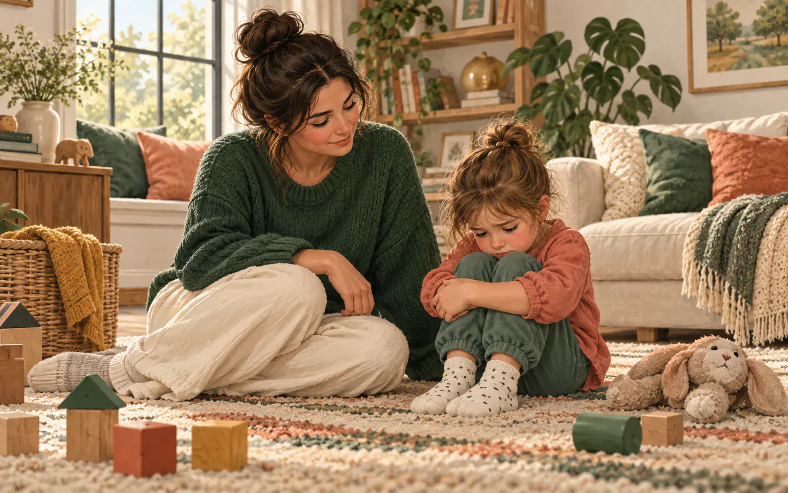 Parent sitting calmly beside a young child during a difficult emotional moment