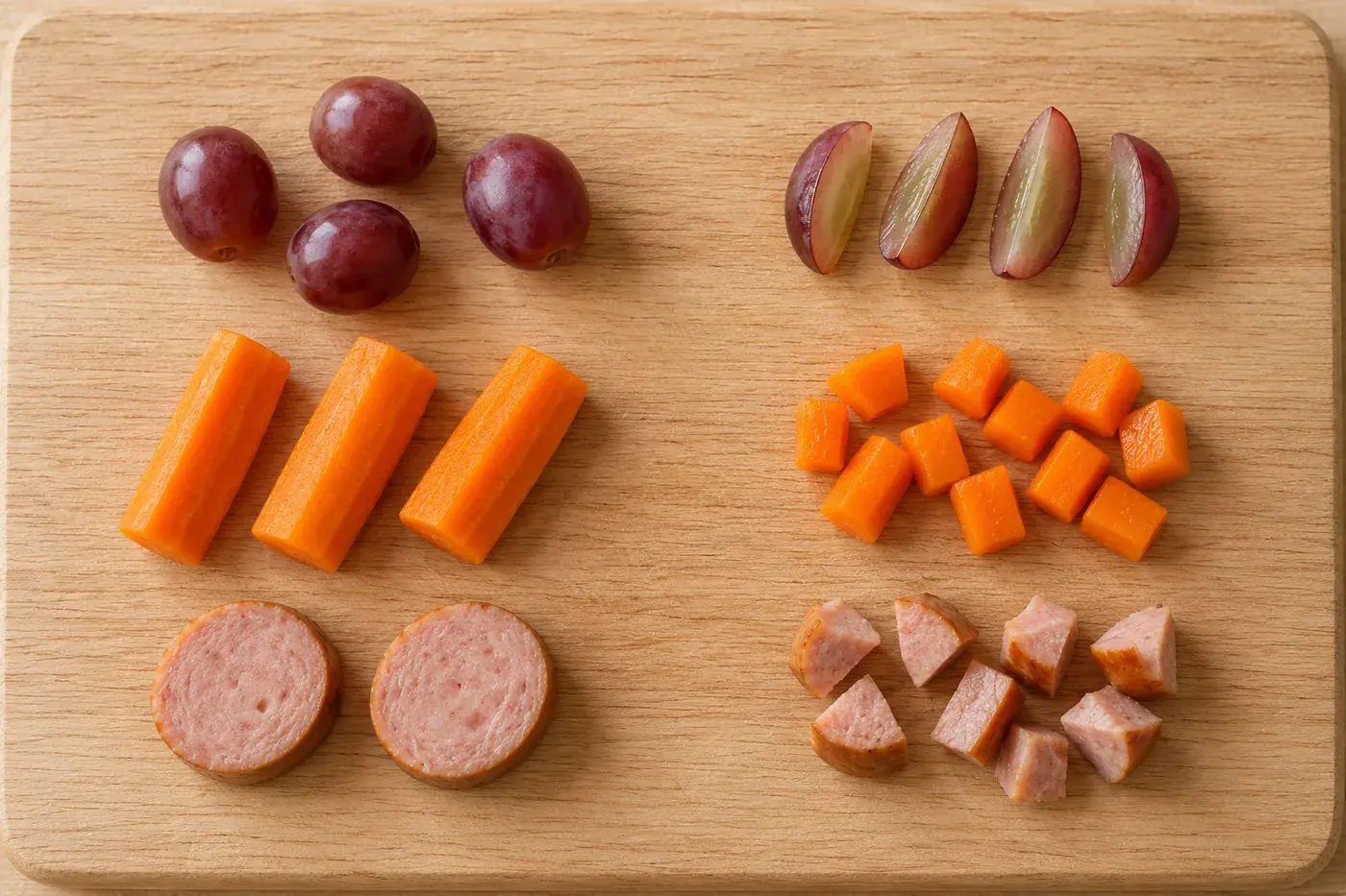 Grapes, carrots and sausage cut into safer shapes for young children