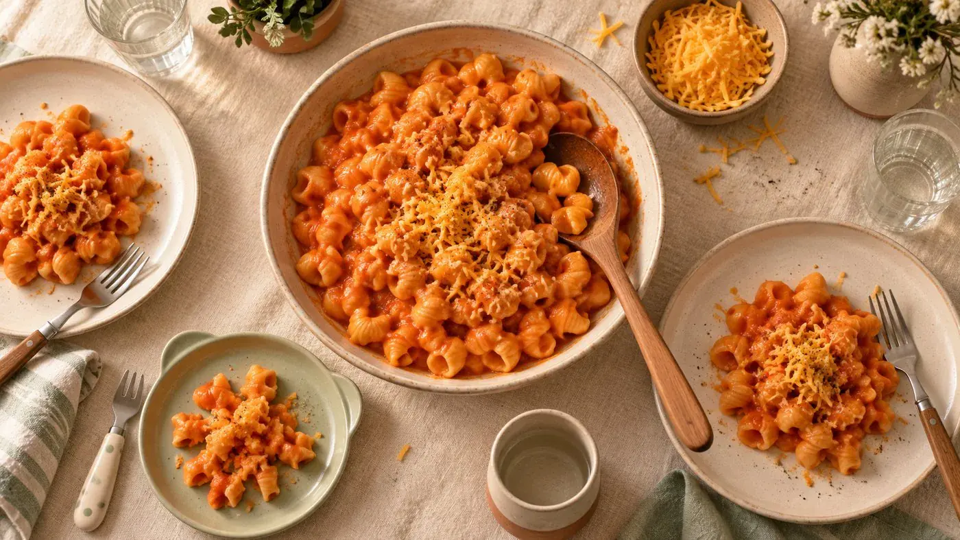 Family-style tomato pasta served from one bowl with small plates