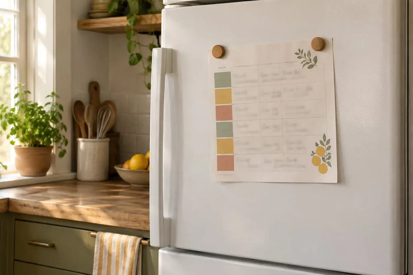 A four-week meal rotation sheet on the fridge