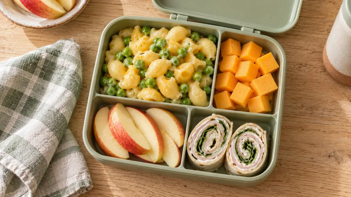 Lunchbox with pasta, apple slices, cheese and wraps
