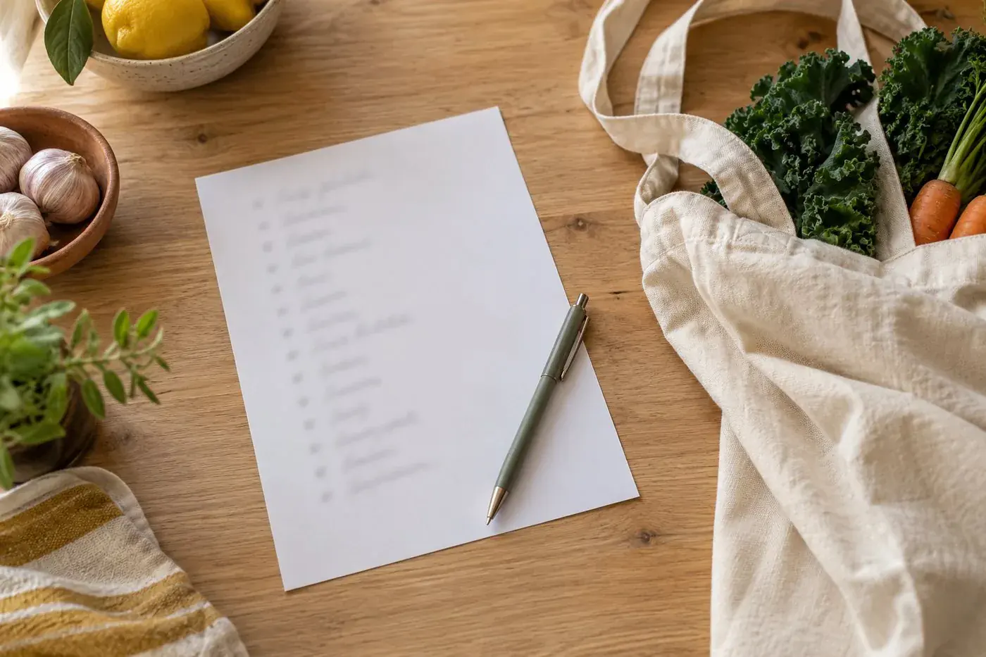 A short handwritten shopping list beside a reusable shopping bag