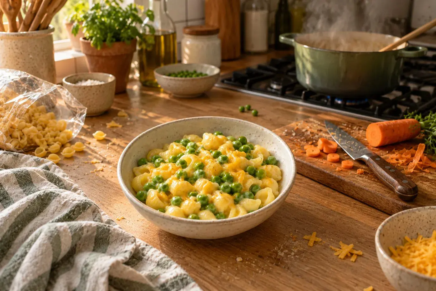 A simple bowl of pasta with peas and cheese on the kitchen counter