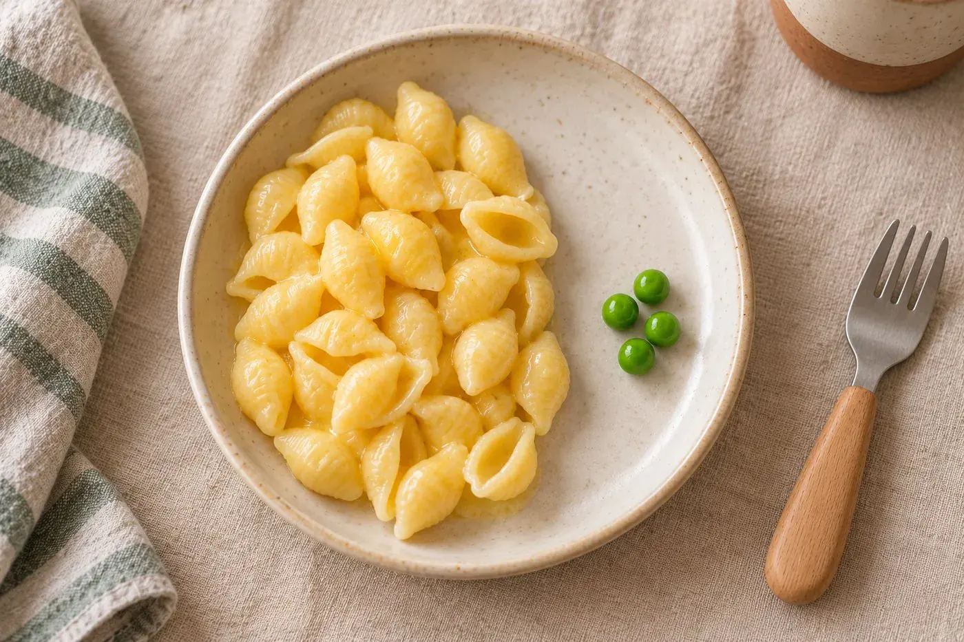 A small, child-sized serving of pasta with a few peas on a plate