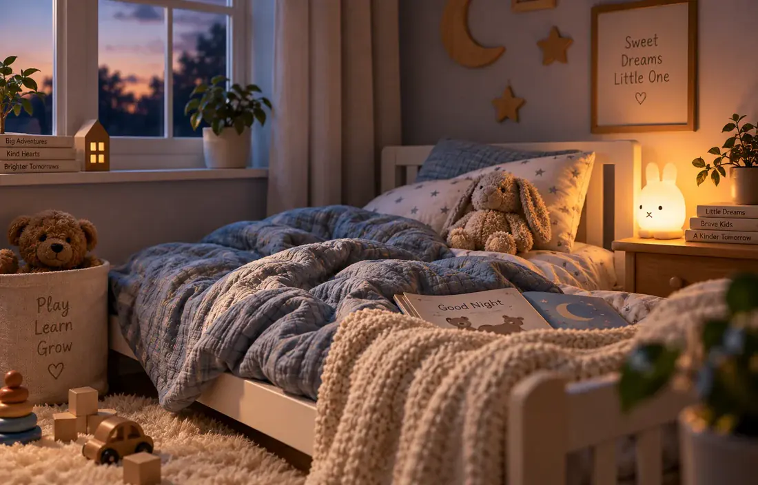 A calm, dimly lit bedroom ready for sleep
