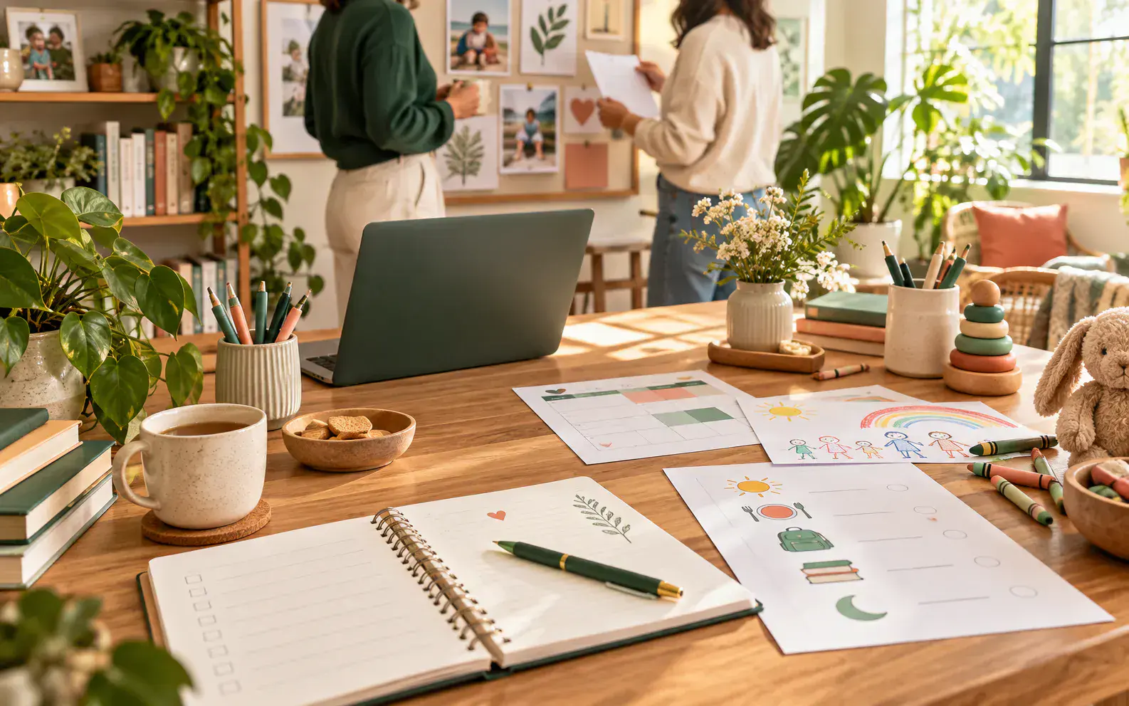 The Twinkens editorial workspace with planning materials, books and family resources